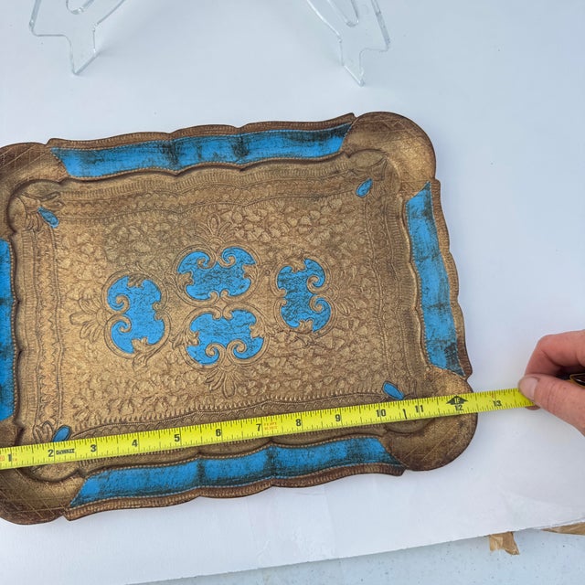 Mid-Century Modern 1970s Italian Florentine Blue and Gold Tray For Sale - Image 3 of 5