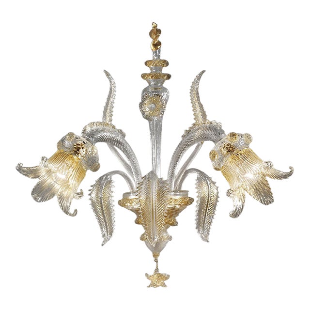 Luxury Italian Clear and Gold-Leaf Wall Sconce R With Flowers and Leaves Murano Glass For Sale