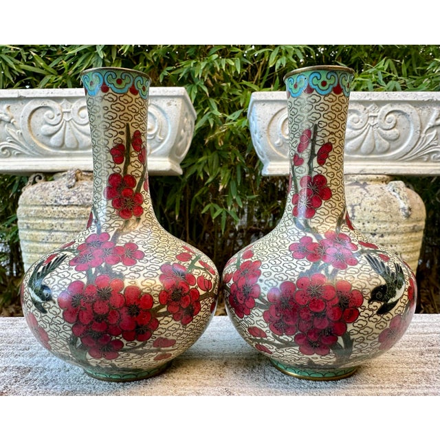 Pair of Antique Chinese Cloisonne Mirrored Vases With Bird Floral Pattern For Sale - Image 9 of 12