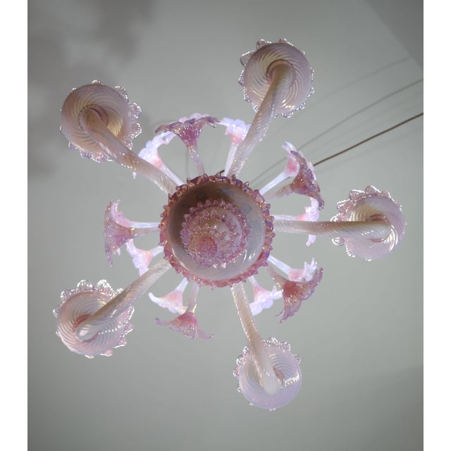 1960s Extraordinary Murano Glass Chandelier Adorned With Pink Flowers For Sale - Image 9 of 15