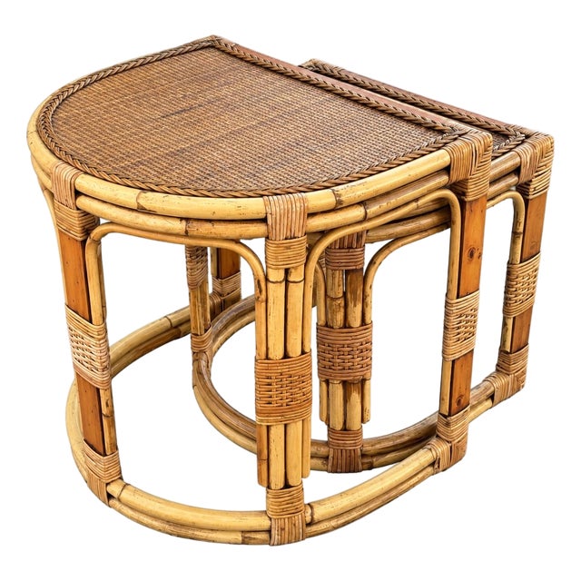 Vintage Bamboo & Wicker Nesting Side Tables – Set of 2 For Sale