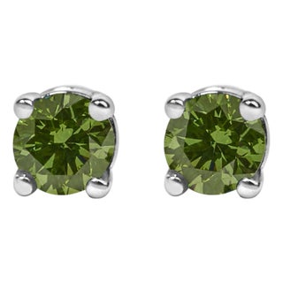 .925 Sterling Silver 0.15 Cttw Round Brilliant-Cut Green Diamond Classic 4-Prong Stud Earrings, A Pair For Sale