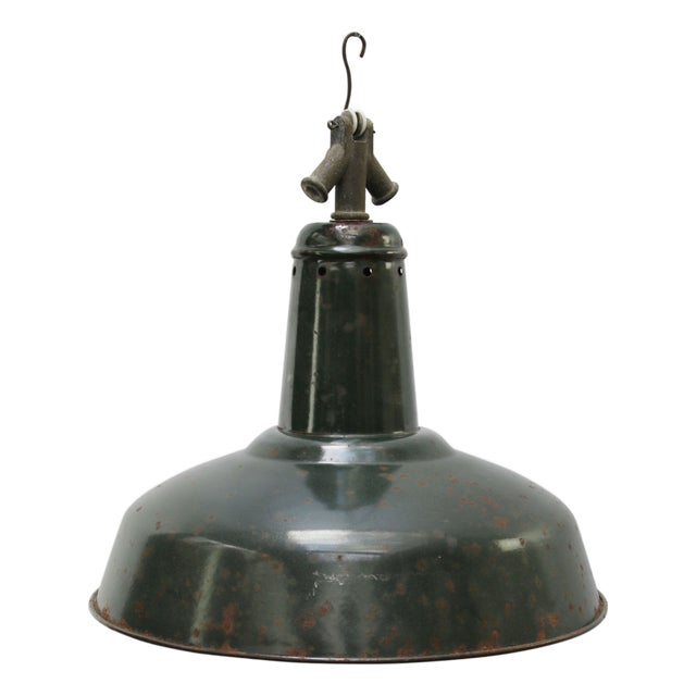 Vintage Industrial Dark Green Enamel Pendant Lamp, 1950s For Sale