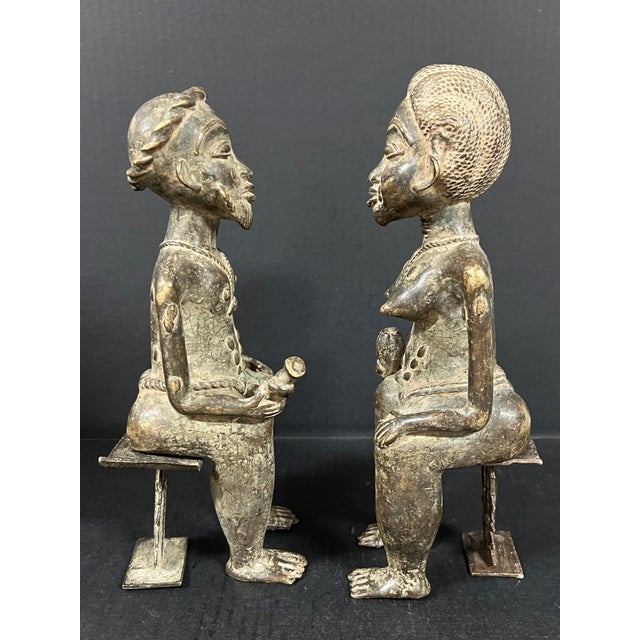 Pair of African Tribal Art Benin Bronze Royal Statue For Sale - Image 10 of 11