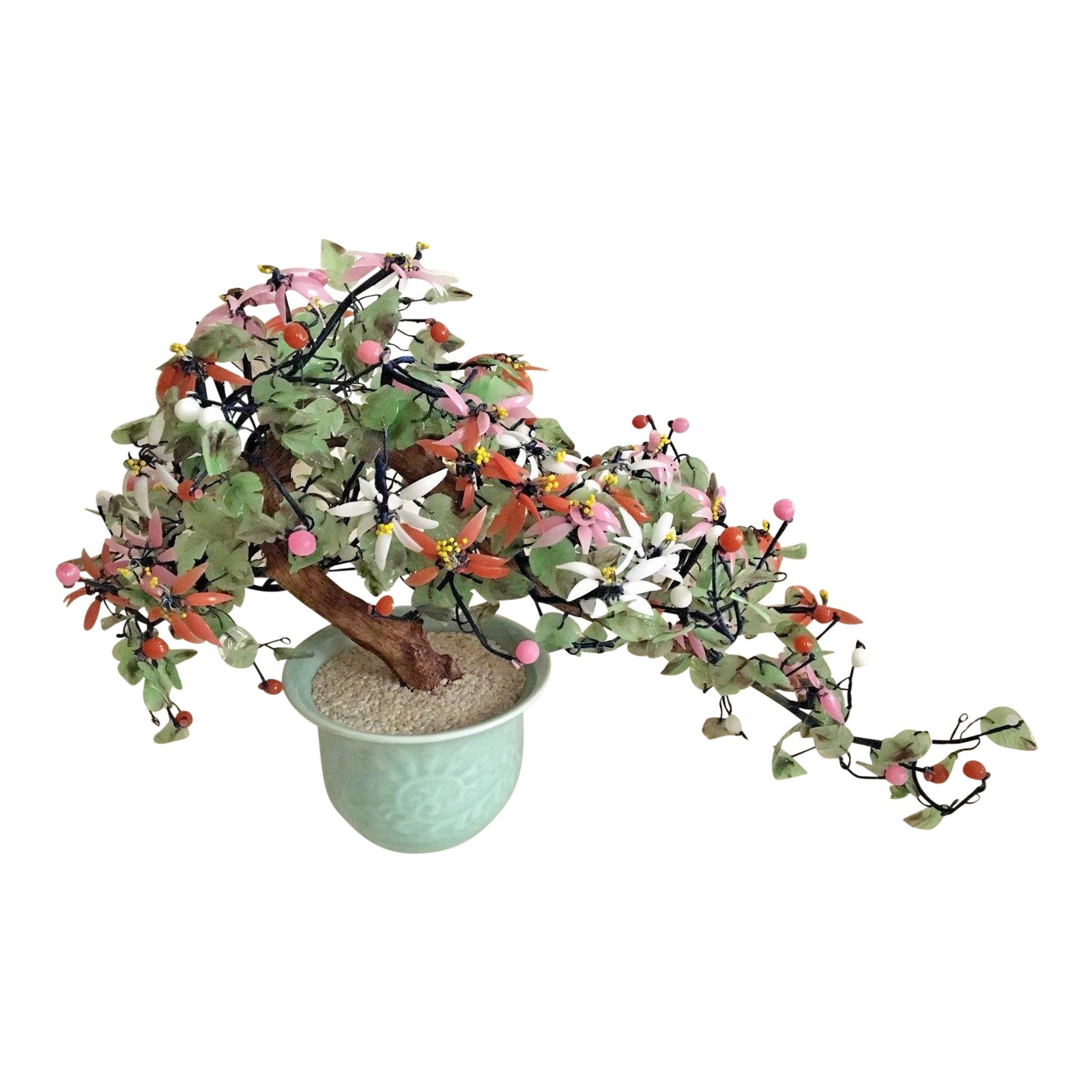 Large Vintage Jade Bonsai Flower Tree | Chairish