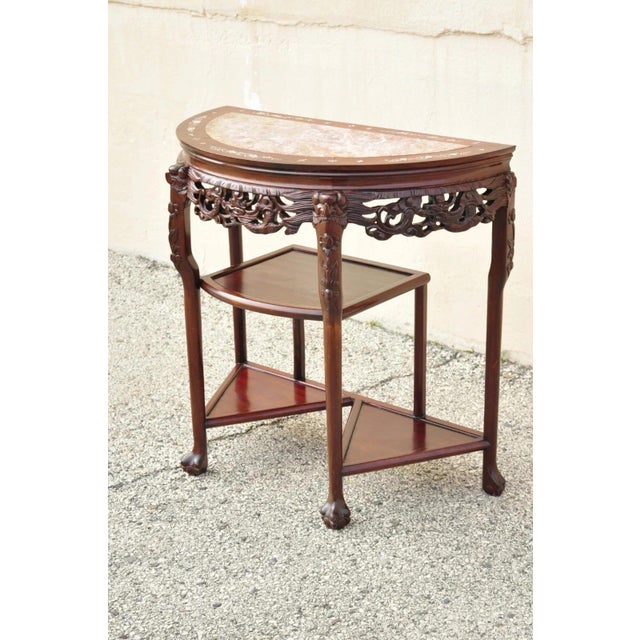 Vintage Oriental Chinese Carved Hardwood Demilune Marble Top Console Hall Table For Sale In Philadelphia - Image 6 of 11