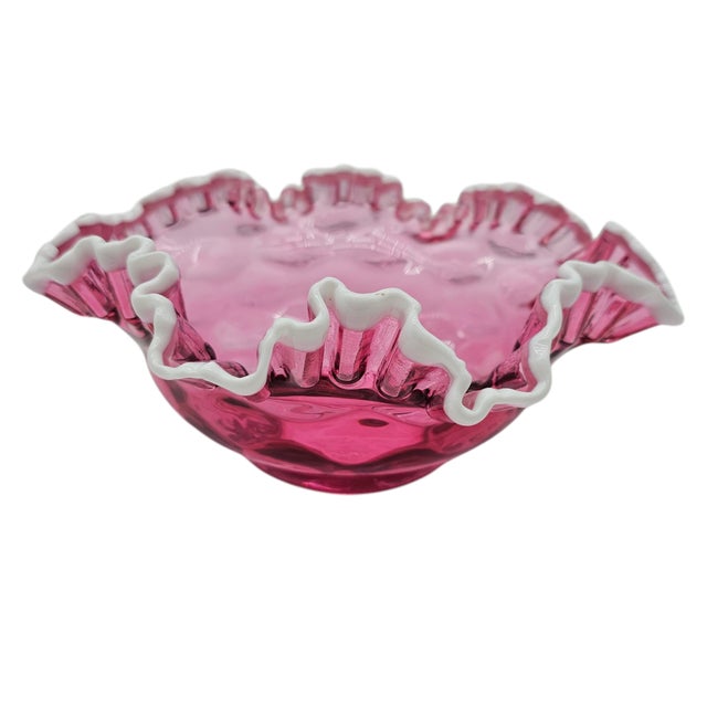 Mid-Century Modern Fenton Cranberry Opalescent Snow Crest Thumbprint Ruffled Bowl, 10-Inch Diameter For Sale - Image 3 of 7