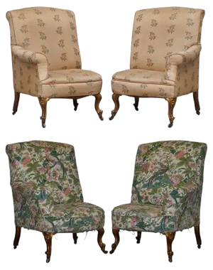 Set of Victorian Asymmetrical Armchairs in Giltwood with Embroidered Bird Covers