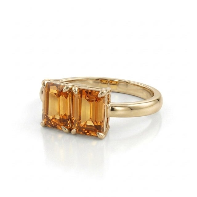 Two-Stone Citrine Ring • Emerald Cut Yellow Gemstone Ring in Gold • Unique Double Gemstone Cocktail Ring Us 7 For Sale - Image 4 of 5