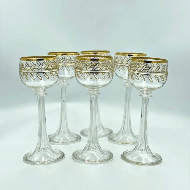 Crystal Gold Rimmed Champagne Glasses, Wine Glasses 6-pc Set, 24K Gold, 1900s'. Crystal glassware is made from high...