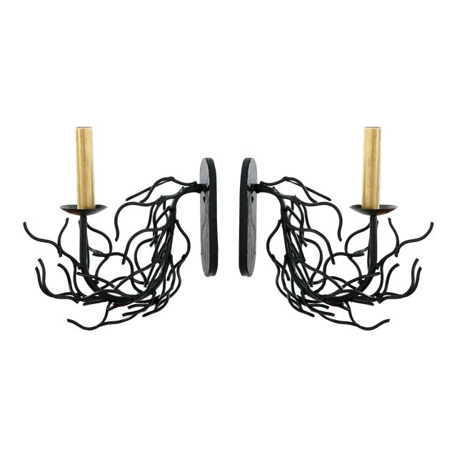 Faux Coral Black Single Arm Sconces - a Pair For Sale