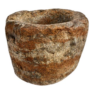 18th Century Granite Stone Bowl Mortar Planter Caramel Stripes 11 Lb For Sale