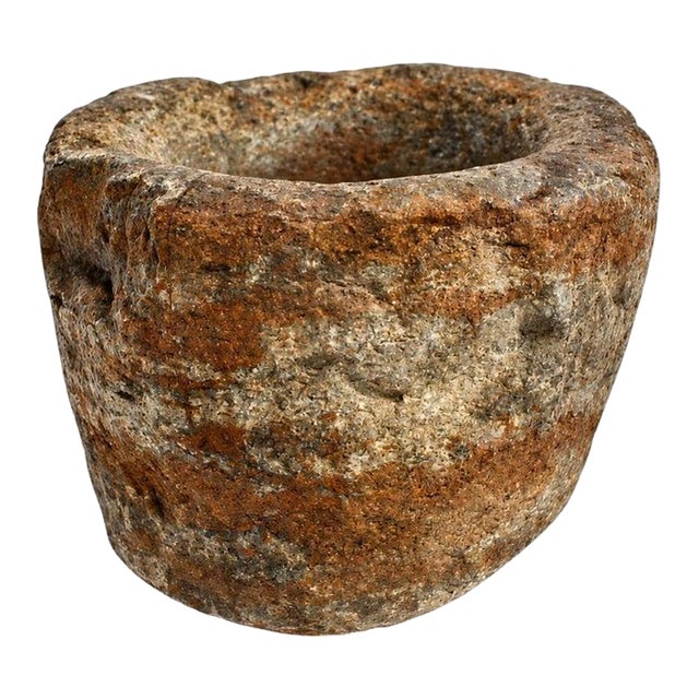 18th Century Granite Stone Bowl Mortar Planter Caramel Stripes 11 Lb For Sale