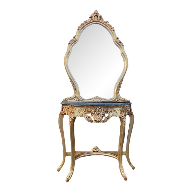 1920s French Louis XVI Gilt Beech Marble Console Table & Mirror – 2 Pc For Sale