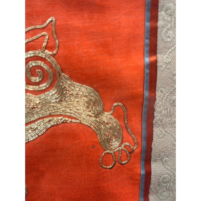 Wood 19th-Century Qing Chinese Red Silk & Gold-Thread Buddhist Lion Embroidery For Sale - Image 7 of 17