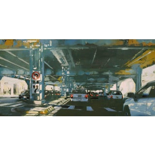 Below the Noise by Lindsey Kustusch | Oil on wood panel of a city street under an overpass For Sale