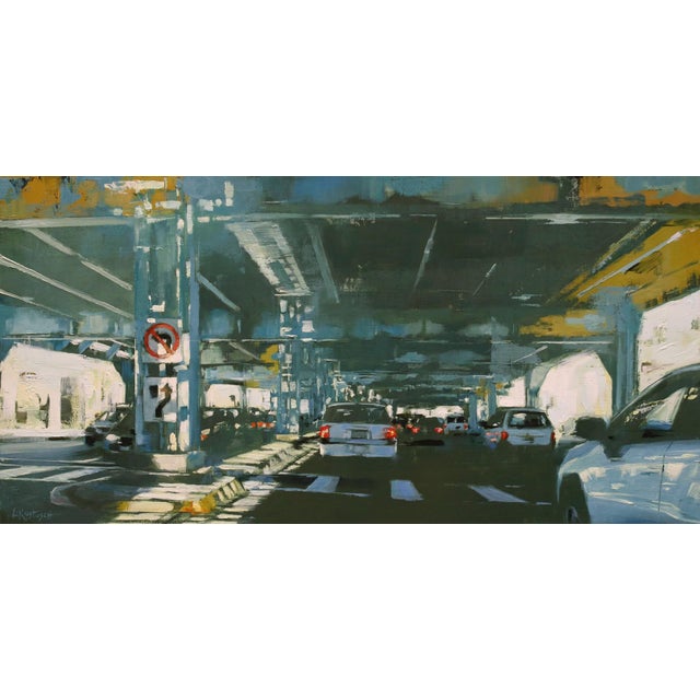 Below the Noise by Lindsey Kustusch | Oil on wood panel of a city street under an overpass For Sale