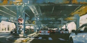 Below the Noise by Lindsey Kustusch | Oil on wood panel of a city street under an overpass