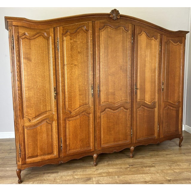Vintage Louis XVI French Oak Five Door Carved Armoire For Sale - Image 14 of 14