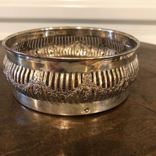 Antique English Silverplate Pierced Floral Swag Festoon Gallery Wine Bottle Coaster With Mahogany