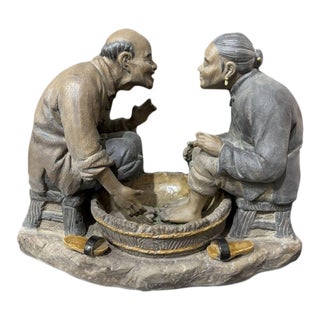 Vintage Shiwan Ware "Shared Joy" Figurine | Handmade Ceramic Elderly Couple Sculpture | 13" Wide For Sale