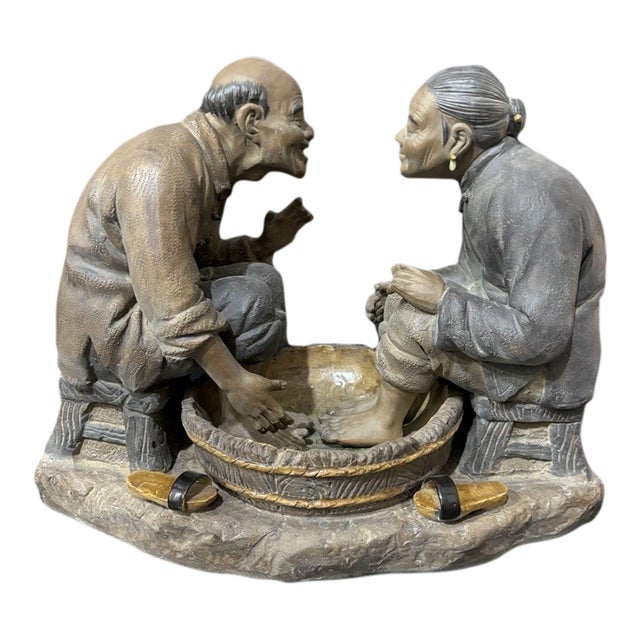 Vintage Shiwan Ware "Shared Joy" Figurine | Handmade Ceramic Elderly Couple Sculpture | 13" Wide For Sale