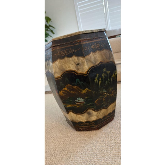 Was used for storage. Now typically used as a side table, lamp stand or decorative piece. Removable lid for storage....