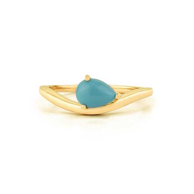 18k Yellow Gold Wavy Band Ring With Teardrop Cabochon Turquoise Size 5 For Sale - Image 4 of 15