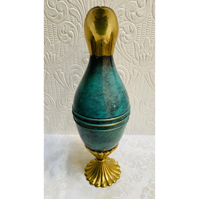 1960s Mid Century Modern Turquoise and Brass Oppenheim Israel Pitcher For Sale - Image 5 of 11