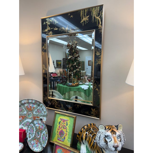 Chinoiserie Black and Gold Verre Eglomise’ Mirror by LaBarge, Signed 1987 For Sale - Image 9 of 9
