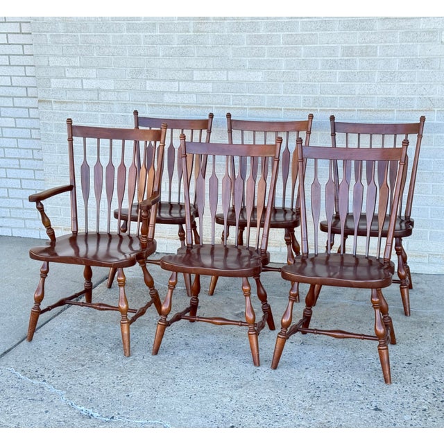 Mid-Century Modern Vintage Harden Solid Wood Dining Chairs Set of 6 Spindle Back Turned Legs For Sale - Image 3 of 12