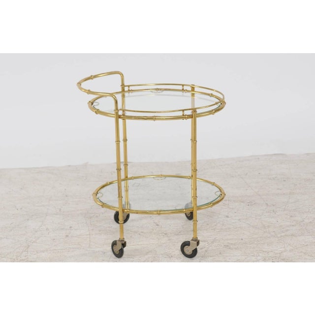 Mid 20th Century French Midcentury Brass Two-Tiered Oval Cart with Glass Shelves and Casters For Sale - Image 5 of 8