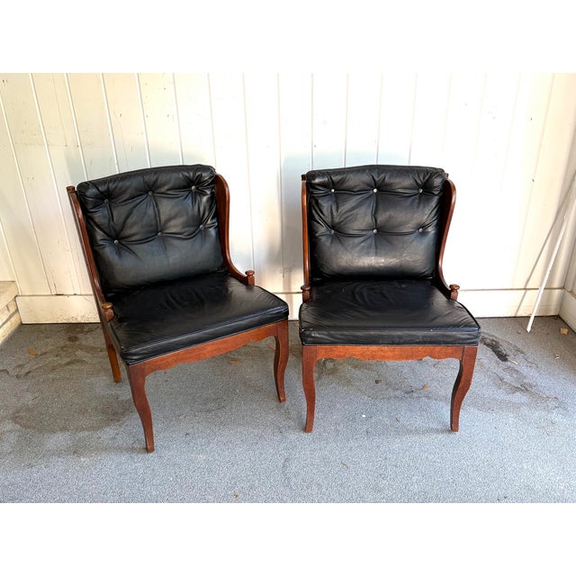 Midcentury Black Leather/Wood Tufted Side Chairs - Pair For Sale - Image 6 of 10