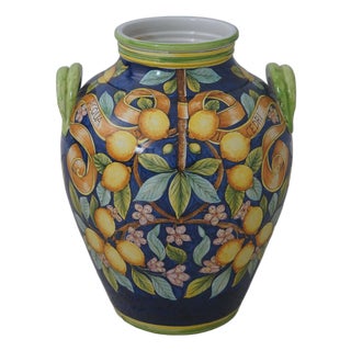 Majolica Large Italian Lemon & Leaf Vase W. Handles For Sale