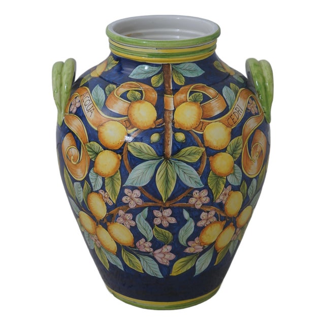 Majolica Large Italian Lemon & Leaf Vase W. Handles For Sale