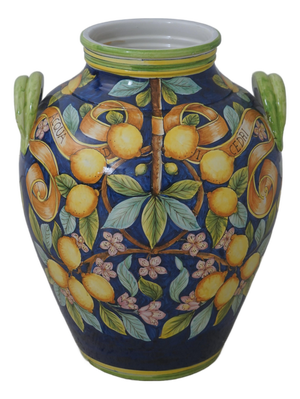 Majolica Large Italian Lemon & Leaf Vase W. Handles
