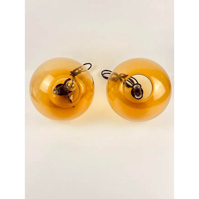 Glass Amber Smoked Glass Globe Pendant Lights - a Pair For Sale - Image 7 of 8