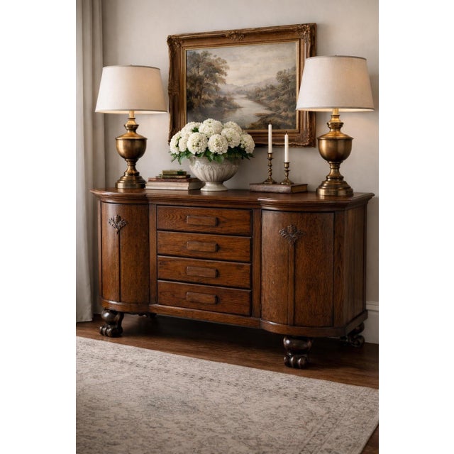 English Antique Solid Oak Sideboard Cabinet With Carved Gallery Rail & Original Wood Pulls For Sale - Image 3 of 12