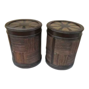 1970s Barrel Style Wood Woven Round Accent End Table - Set of 2