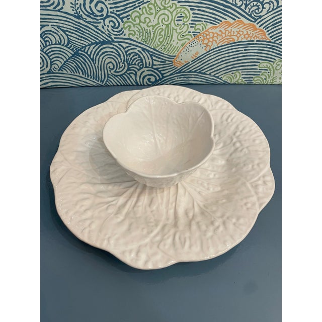 Vintage White Cabbage Majolica Platter and Dip Bowl - Set of 2 Pieces For Sale - Image 9 of 9