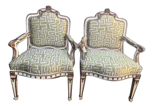 Early 19th C. Italian Painted Carved Arm Chairs- A Pair