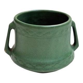Early 20th. C. Weller Pottery Matte Green Arts & Crafts Handled Vessel For Sale