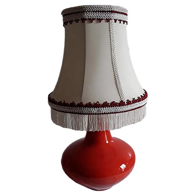 Vintage Ceramic Table Lamp with Orange Base and Beige Fabric Shade by Fürst Adolf Werkstätte for Kunstkeramik Bückeburg, 1970s For Sale