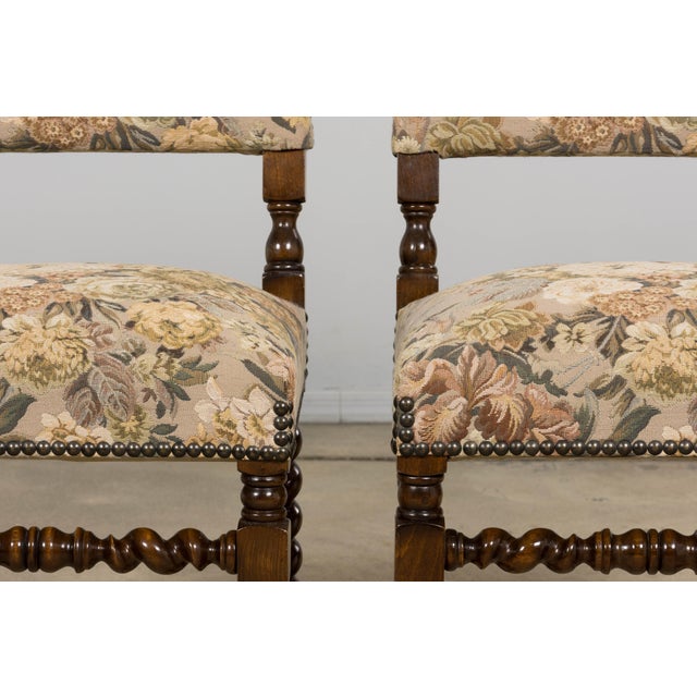Early 20th Century French Louis XIII Style Oak Barley Twist Dining Chairs W/ Floral Tapestry - Set of 8 For Sale - Image 5 of 18
