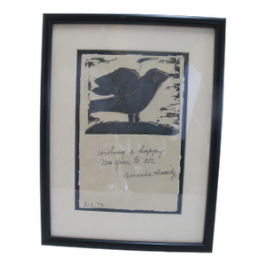 Amanda Snyder Signed Happy New Year to All Bird 1974 Woodblock Card