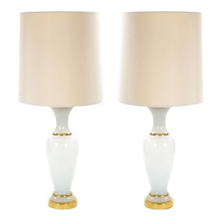 20th Century Hollywood Regency Opaline Glass and Gold-Banded Table Lamps, Pair For Sale