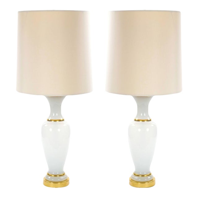 20th Century Hollywood Regency Opaline Glass and Gold-Banded Table Lamps, Pair For Sale