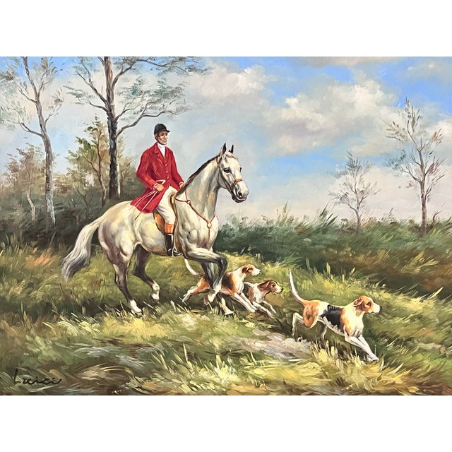 Vintage Fox Hunt Oil Painting Signed Luici in Ornate Carved Frame For Sale In West Palm - Image 6 of 8