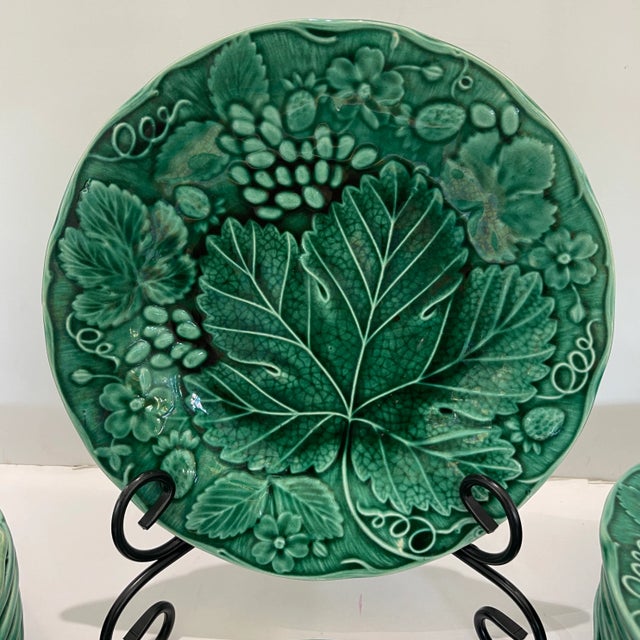 Rare set of 12 Antique Majolica Green Plates with a decor of Strawberries, Grapes and Grape leaves. The plates have a...