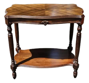 Mid Century Satin Mahogany Bookmatched Top Tiered Side Table